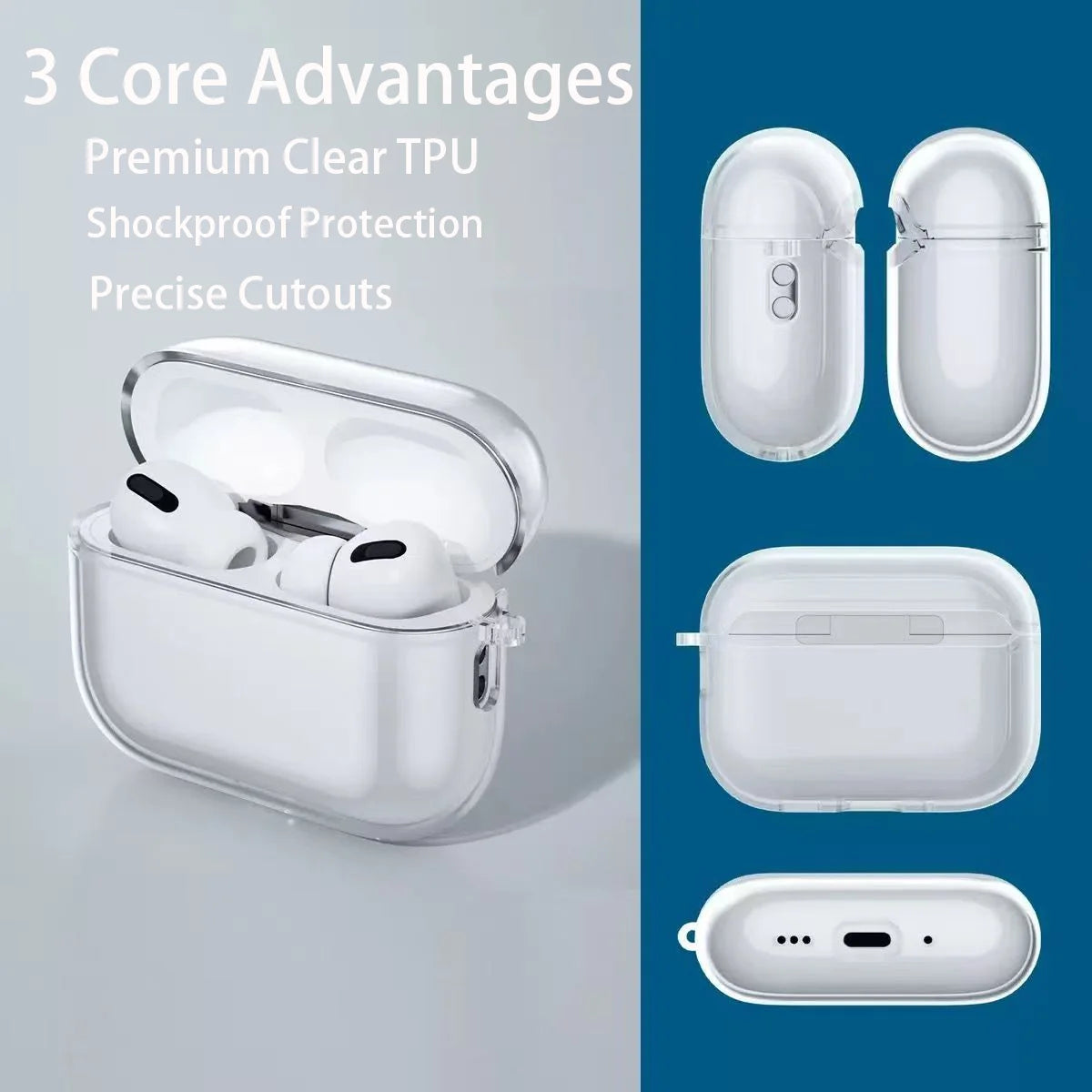 Clear Soft TPU Earphone Case with Metal Ring Buckle for Airpods Pro 2 3 2nd Generation Air Pods 4 3 1 3rd Gen Cover Accessories