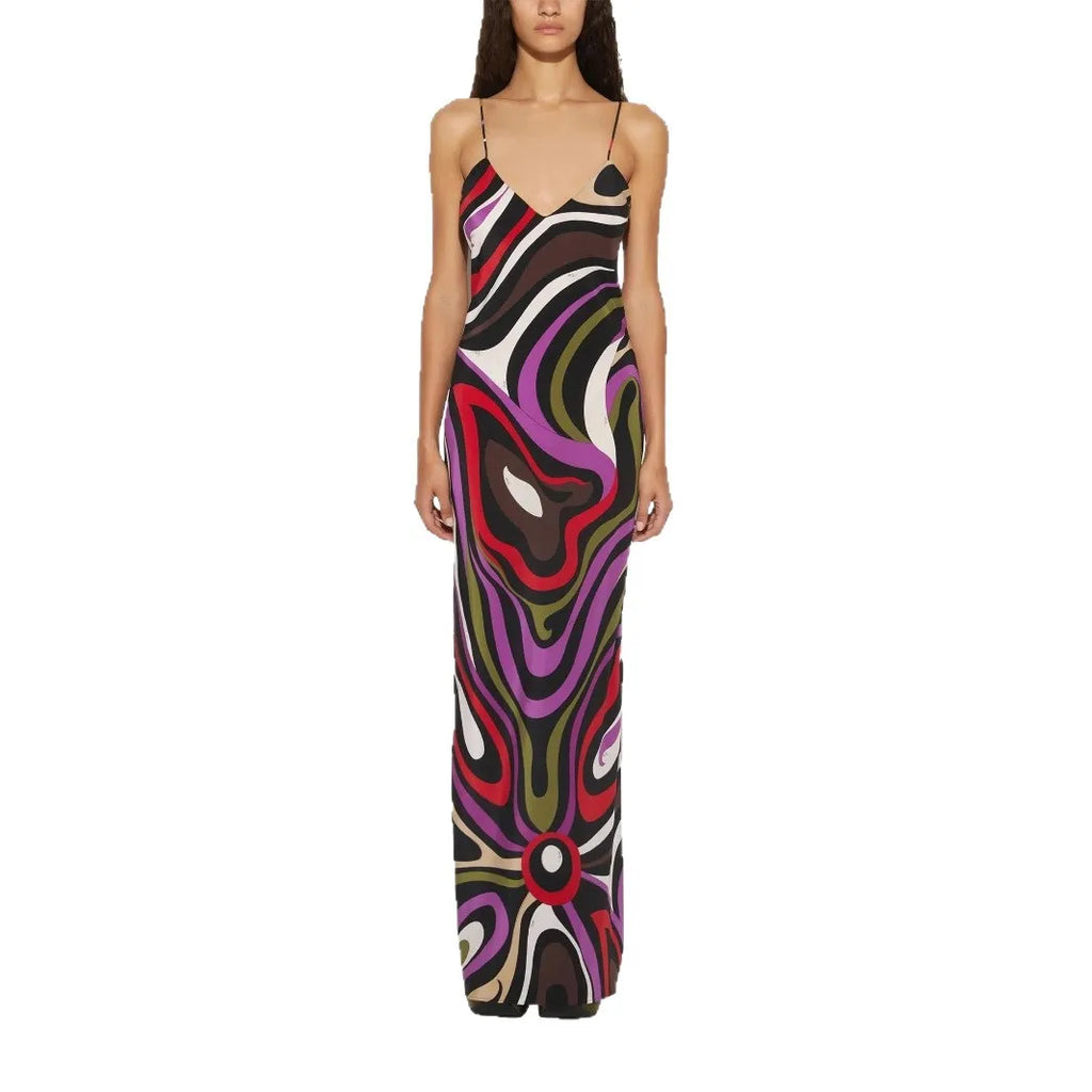 Women's Spaghetti Strap Dress Irregular Color Print Sexy V-neck Backless Slim Slit Long Dresses Summer Party Commuting Vestidos