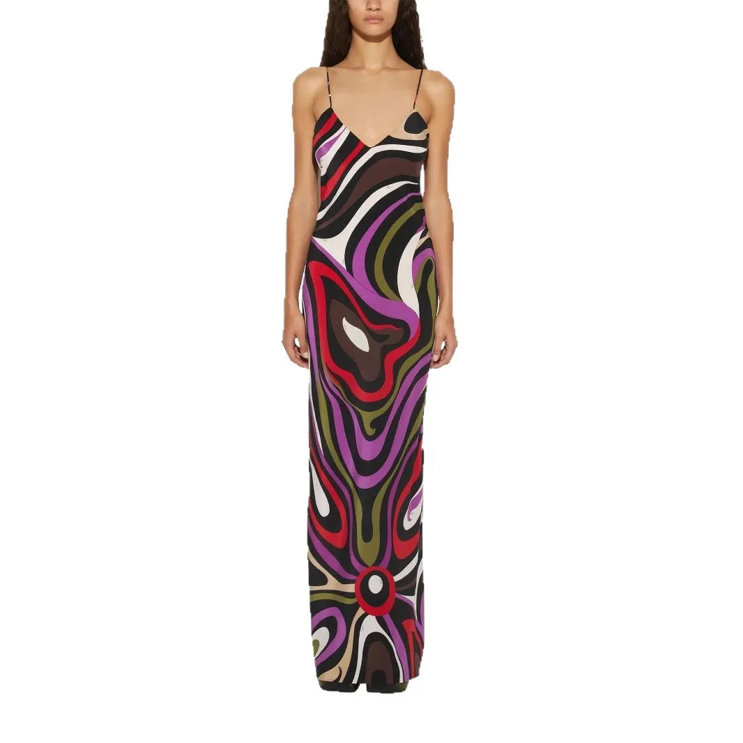Women's Spaghetti Strap Dress Irregular Color Print Sexy V-neck Backless Slim Slit Long Dresses Summer Party Commuting Vestidos