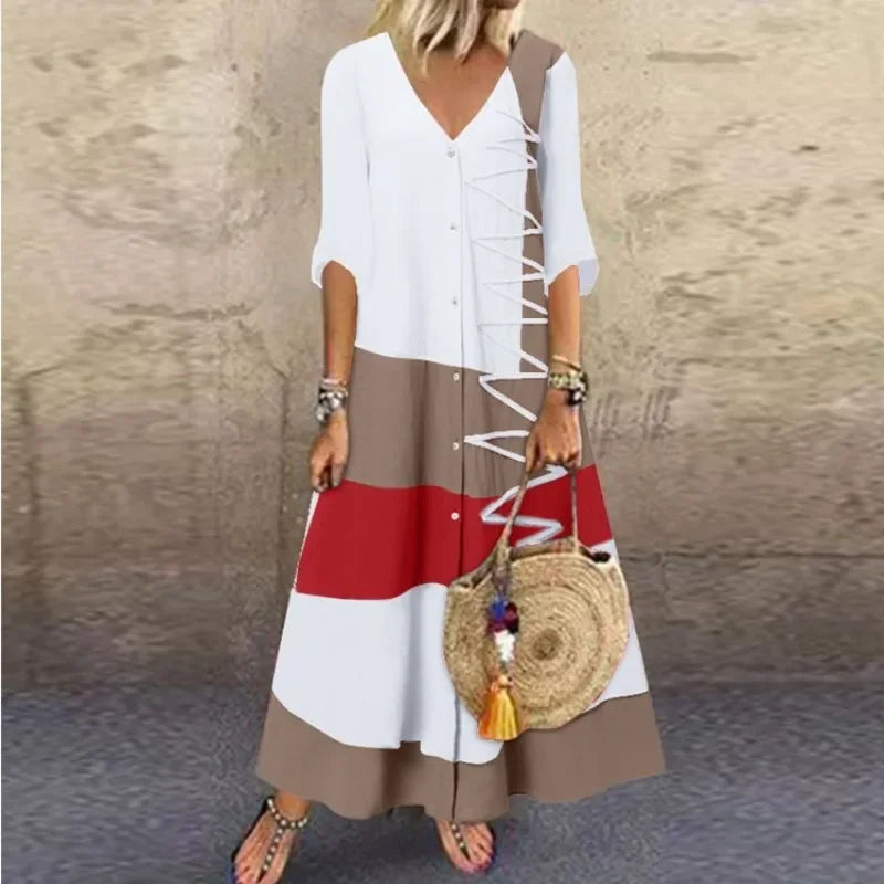 Women's Summer Color Block Patchwork Printed Dress V-neck Short Sleeved Fashion Dress Button Women's Casual Loose Long Dress