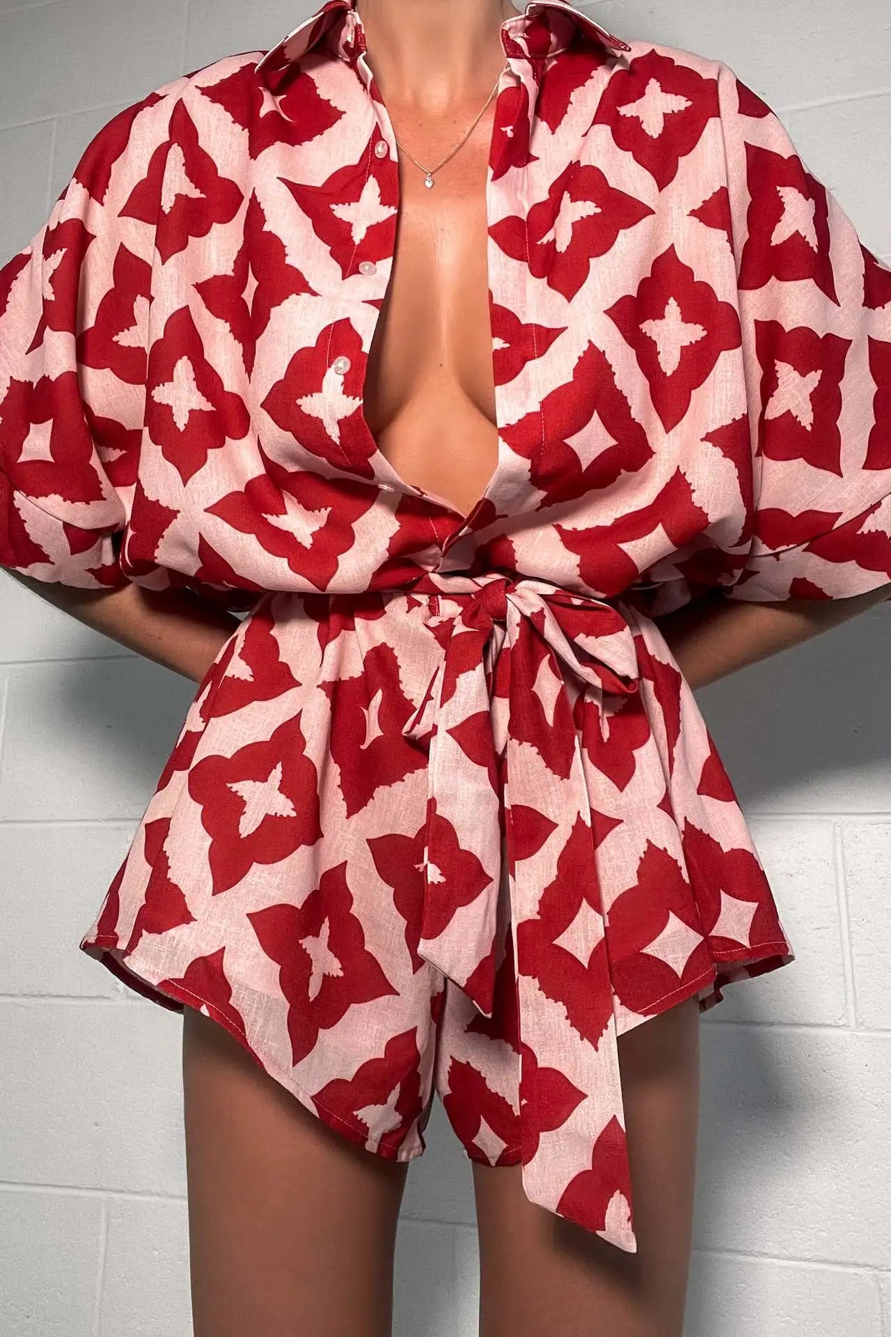 2024 New Autumn Women Loose casual Print Strap Jumpsuit Red Print Bow Tie Turndown Collar Loose Bodysuit Sexy Outfits Streetwear
