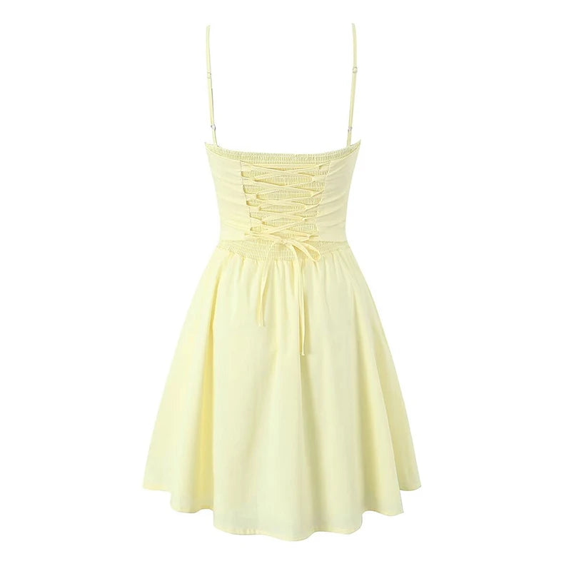 YENKYE Sexy Elegant Women Fishbone Waist Shaping Sling Mini Dress Lace Up Back Fit And Flare  Summer Party Dresses Yellow Robe