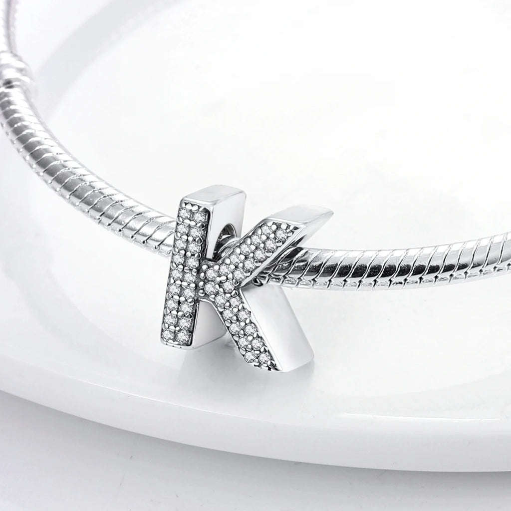 Original 925 Sterling Silver 26 Alphabet Letters Sparkling Zircon Charms Pendant Beads For Women Fine DIY Birthday Jewelry Gifts