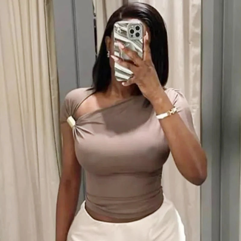 HXAO 2025 Women Asymmetrical Top Spring Summer Yellow Black Khaki Tanks & Camis Sexy Tight Y2k T-Shirt Lady Fashion Tank Top 066