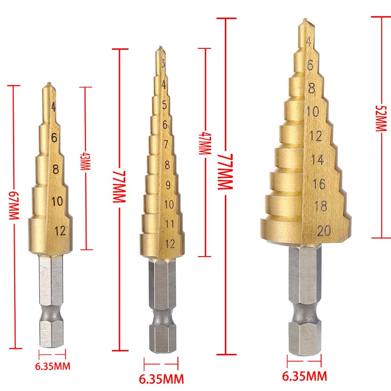 3pcs 3-12mm 4-12mm 4-20mm HSS Straight Groove Step Drill Bit Set Titanium Coated Wood Metal Hole Cutter Core Drill Bit Set
