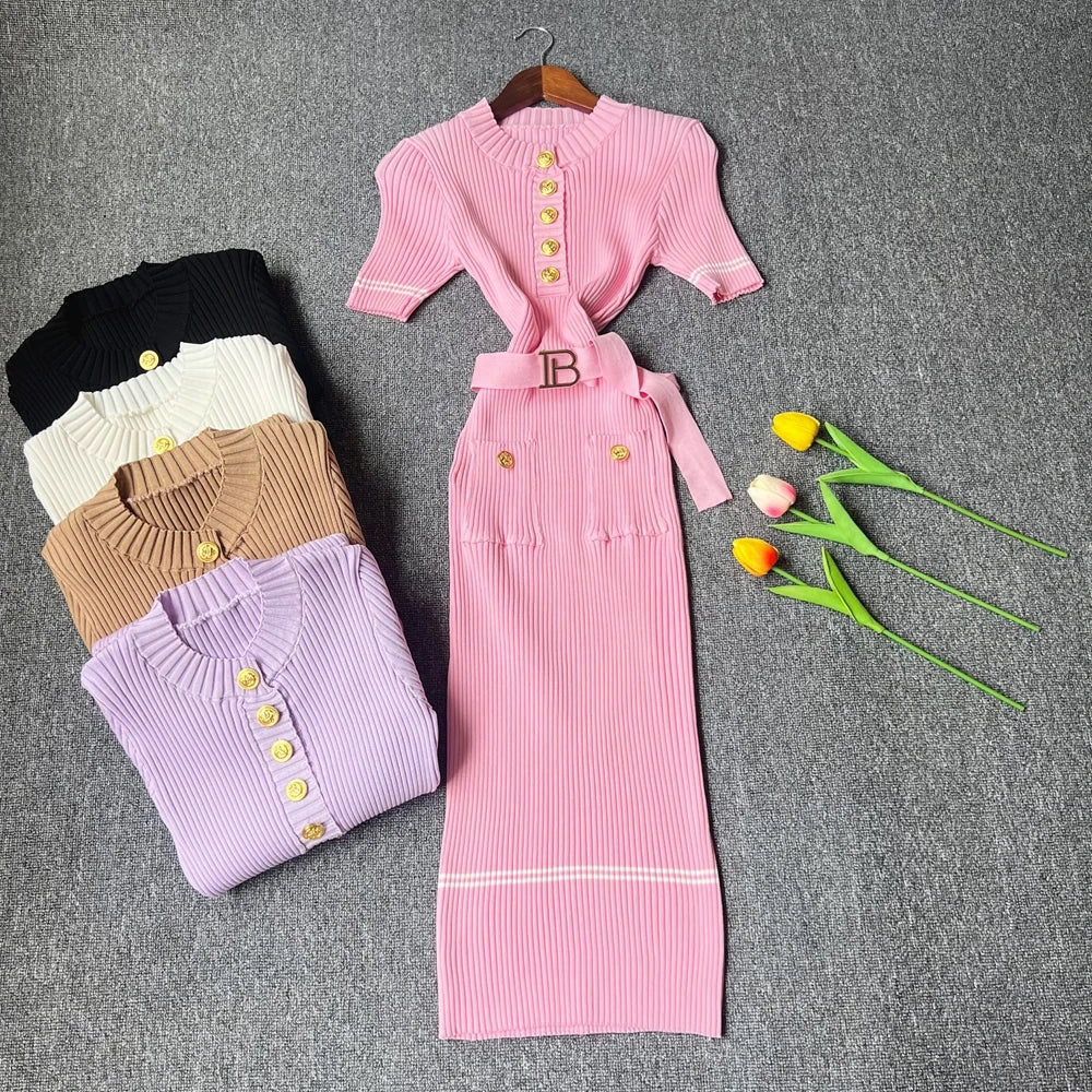 YuooMuoo 2025 Autumn Winter Women Knitted Dress Brand Fashion O-neck Buttons Bodycon Sweater Dress with Belt Lady Office Dress