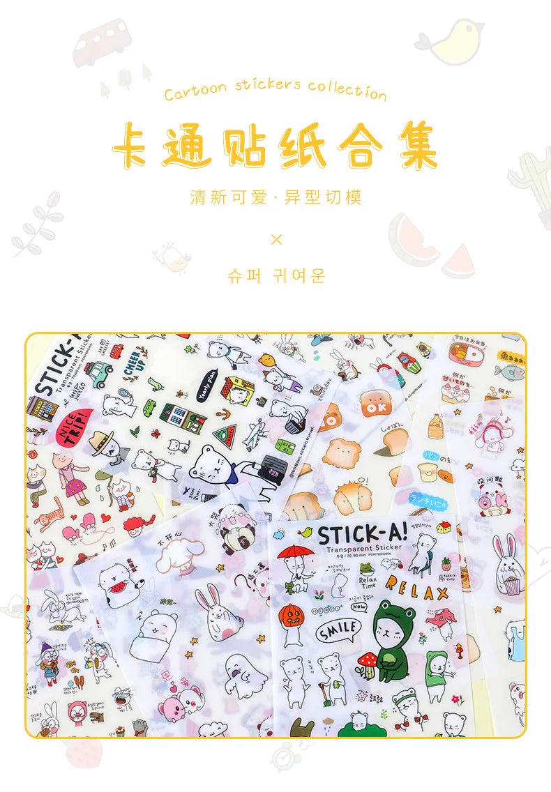 6Pieces/Set Transparent Pvc Waterproof Cartoon Sticker DIY Hand Account Decorative Stickers Kawaii Phone Cup Stickers