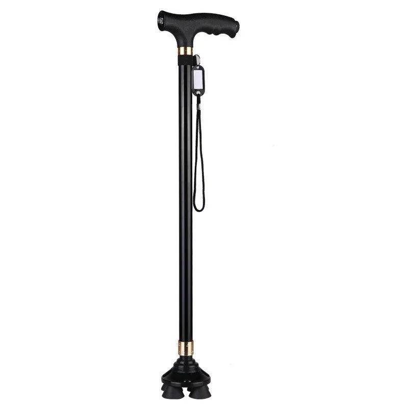 LED Light Non-Slip Elderly Walking Sticks Aluminum Alloy Multifunctional Crutch with Big Four Feet for Old Men