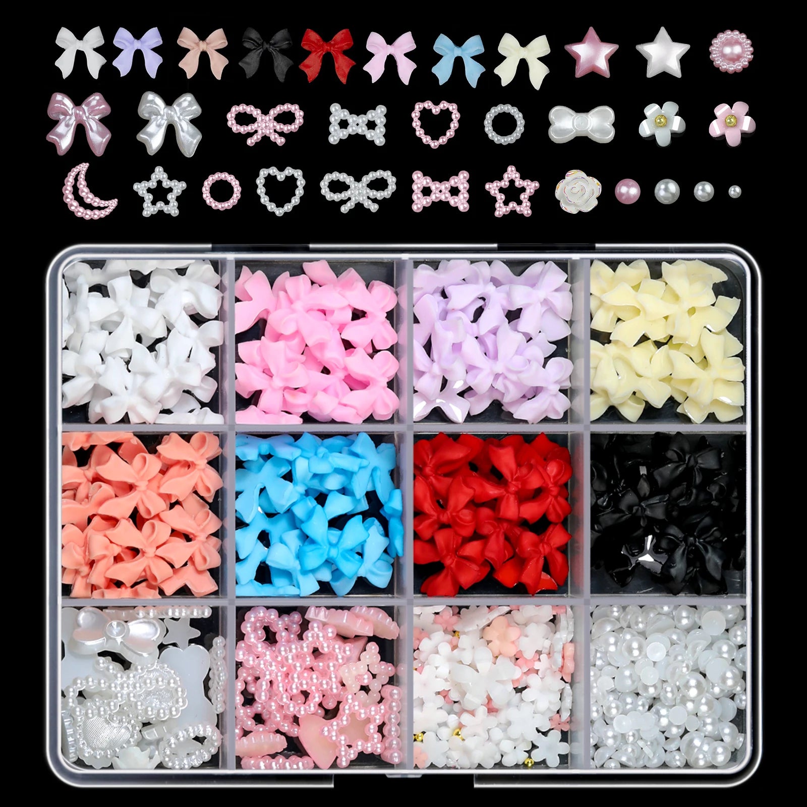 12 Grid Mixed 3D Color Resin Bow Pearl Heart Flat Back Diamond Nail Art Decoration Suitable for Acrylic Nails DIY Nail Art