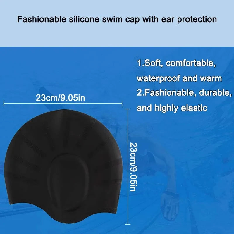 DIZETION Waterproof Swimming Cap High Elasticity Ears Protection Large Silicone Diving Cap for Enhanced Comfort and Durability
