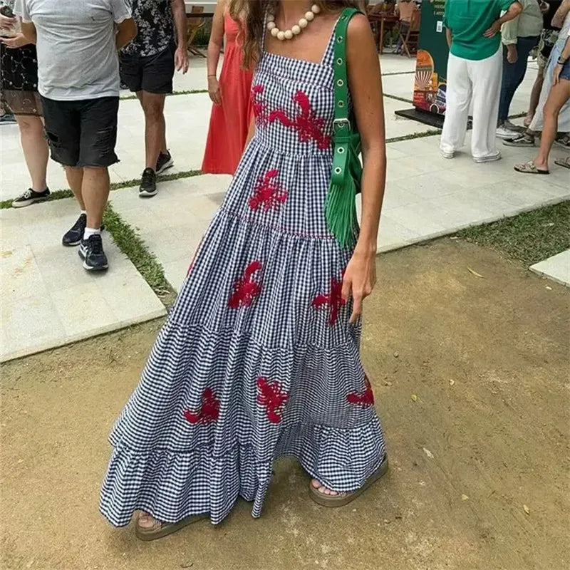 MUJER Plaid Slip Long Dress Woman Embroidery Ruffle Summer Dresses 2025 Sleeveless Beach Holiday Dress Women Casual Midi Dresses