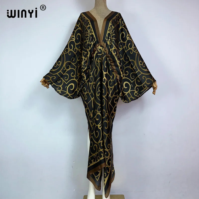 Sexy bech high-quality hand-rolled feel silk rayon fashion print 2021 WINYI Maxi women's robes long beach V-neck Bohemian dress