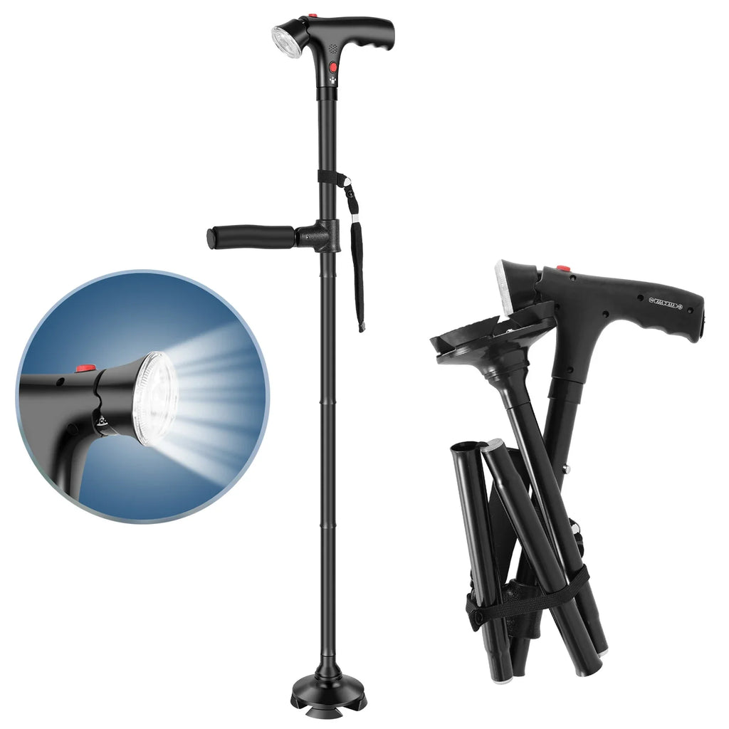 Folding Cane Elder Crutches With LED Light Four-legged Anti Slip Aluminum Alloy Telescopic Walking Cane Flashlight SOS Alarm