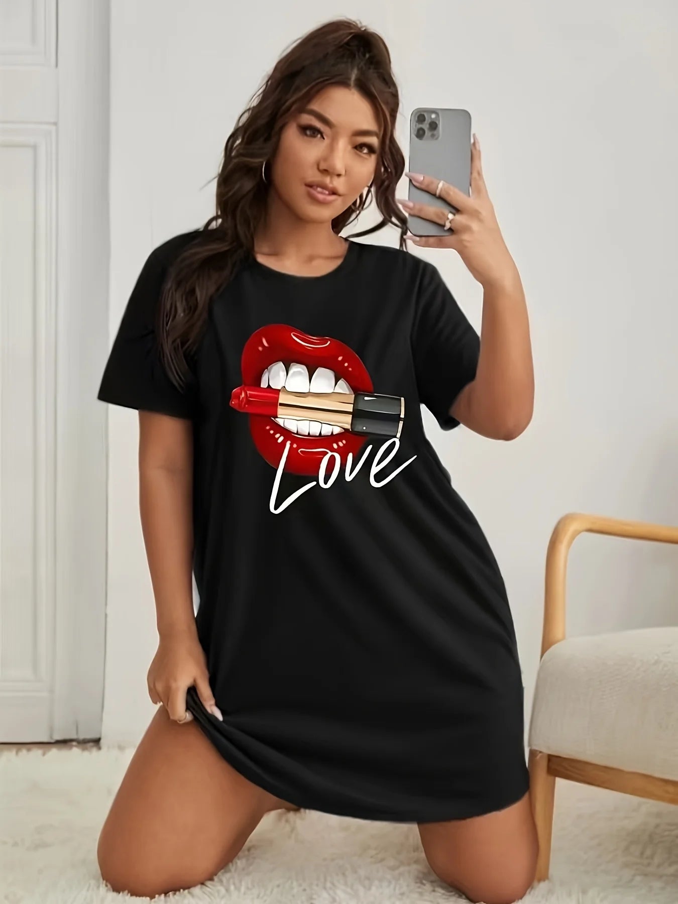 Ladies' spring and summer casual loose plus size bee bow pattern printed round neck short sleeved T-shirt dress