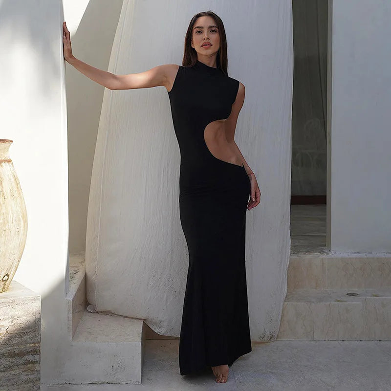Cryptographic Sexy Cut Out Maxi Dress Outfits for Women Elegant Club Party Bodycon Sleeveless Tank Dresses Vestido Summer Chic