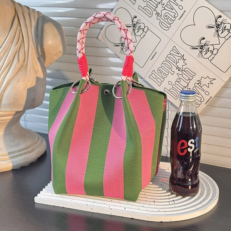 Color Block Handbag Lightweight Metal Ring Handbag Knit Tote Bag Spacious Polyester Storage Bag For Shopping Casual Travel
