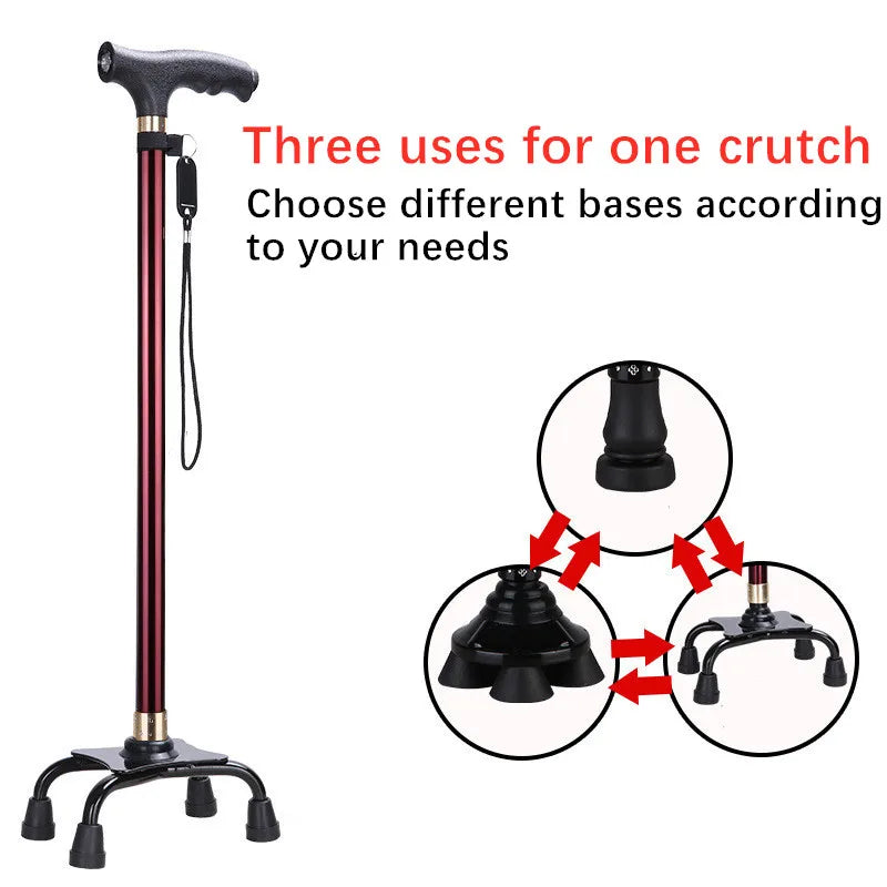 LED Light Non-Slip Elderly Walking Sticks Aluminum Alloy Multifunctional Crutch with Big Four Feet for Old Men