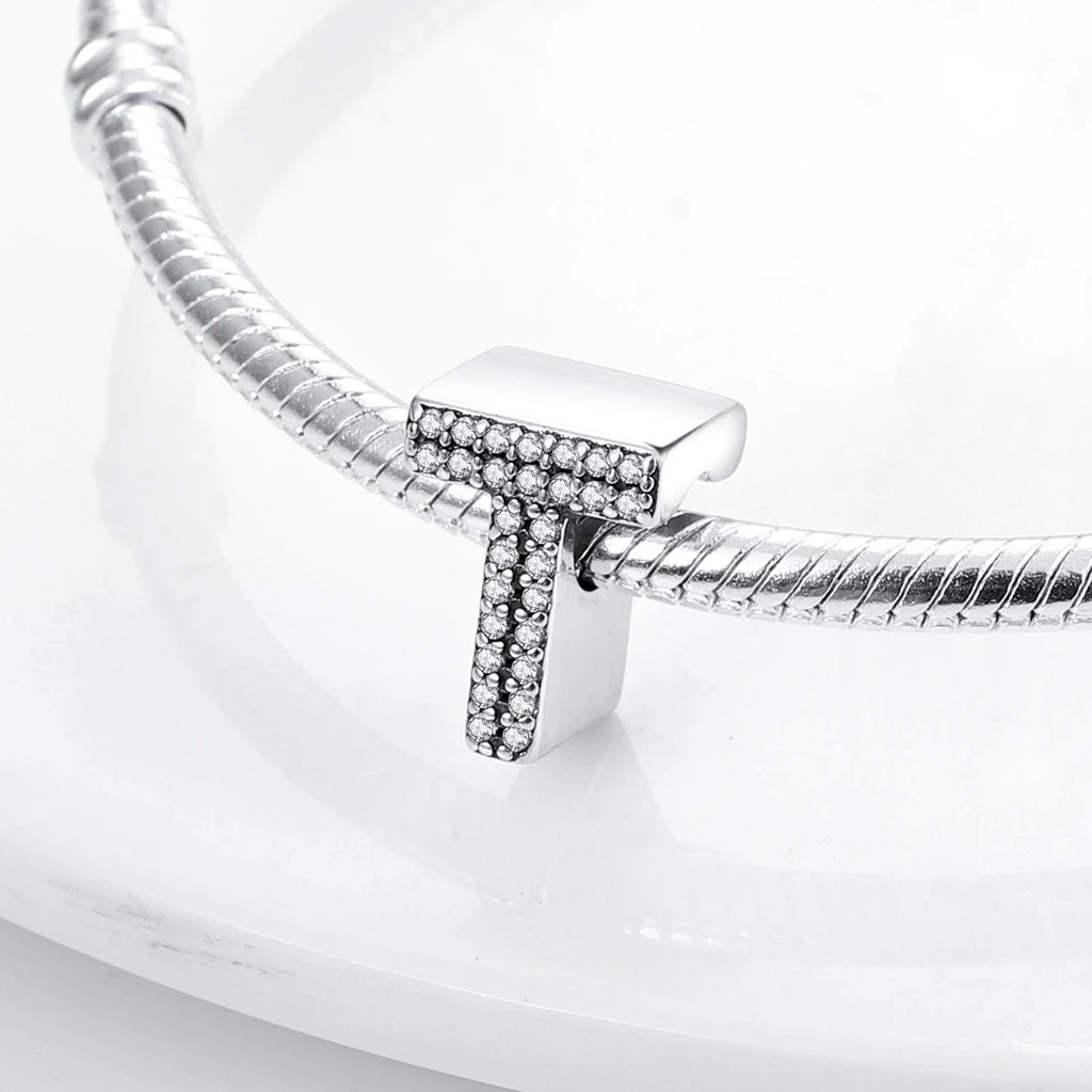 Original 925 Sterling Silver 26 Alphabet Letters Sparkling Zircon Charms Pendant Beads For Women Fine DIY Birthday Jewelry Gifts
