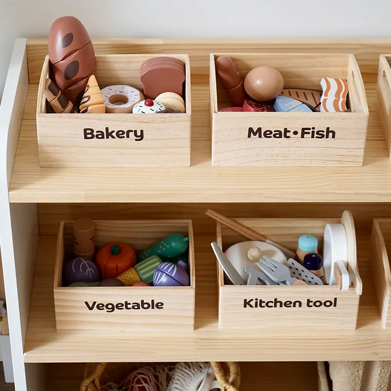 Wooden Pretend Play Kitchen Toys Cutting Food Accessories Set Fruit Vegetable Bakery Meat fish Early Educational Cognition Toys