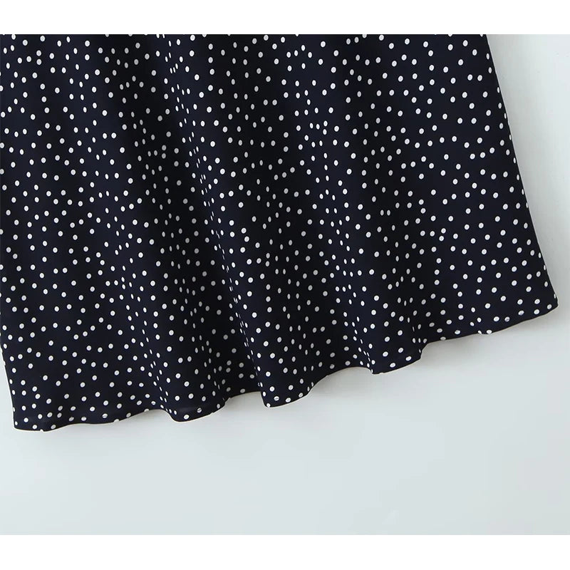 YENKYE 2025 Women Navy Blue Polka Dot Long Dress Lace Trim V Neck Short Sleeve A-line Elegant Holiday Dresses Summe Maxi Robe
