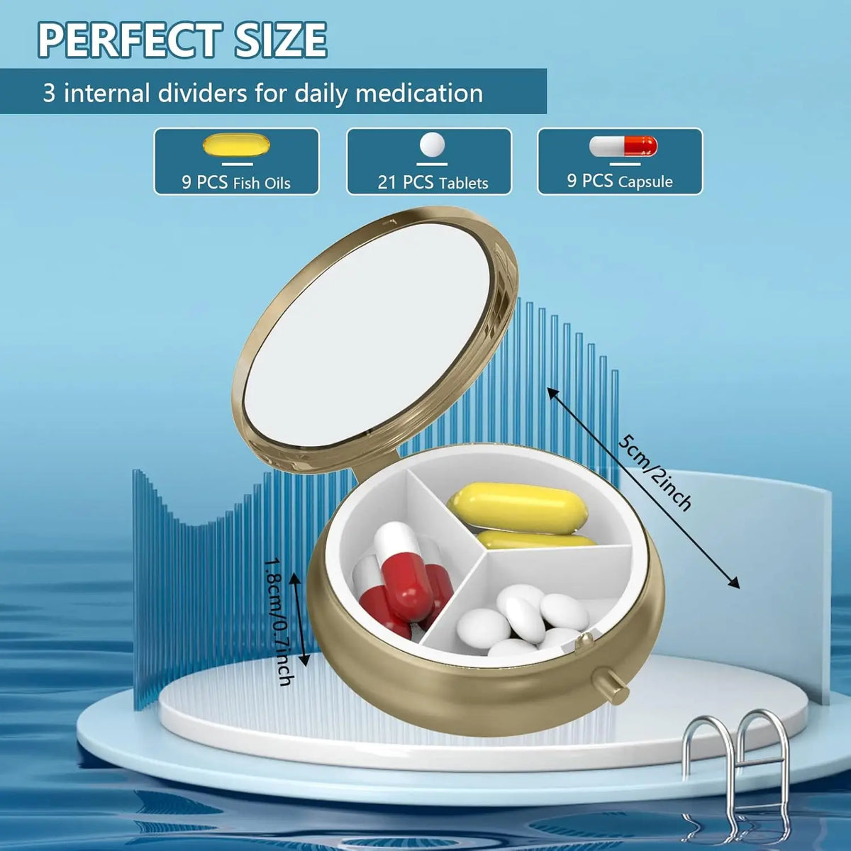 1/2 Pill Case Pill Box with Mirror Retro Small Pill Case for Purse or Pocket Bronze Pill Box or Vitamins, Fish Oil, Supplements,