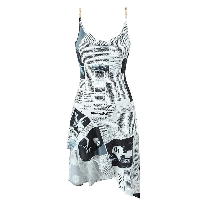 YENKYE New Women Newspaper Letter Print Irregular Hem Sling Dresses Fashion Backless Thin Straps With Chain Summer Sexy Dress