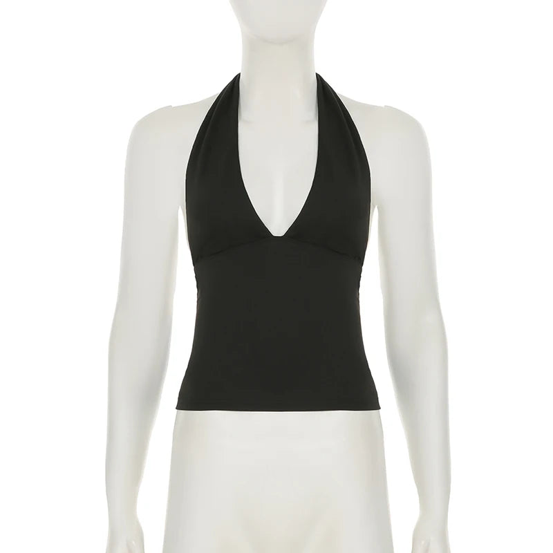 SUCHCUTE y2k Solid Backless Halter Crop Top Women Sexy Sleeveless Low Cut V-neck Tank Tops Summer Casual Slim Vest Coquette 2025