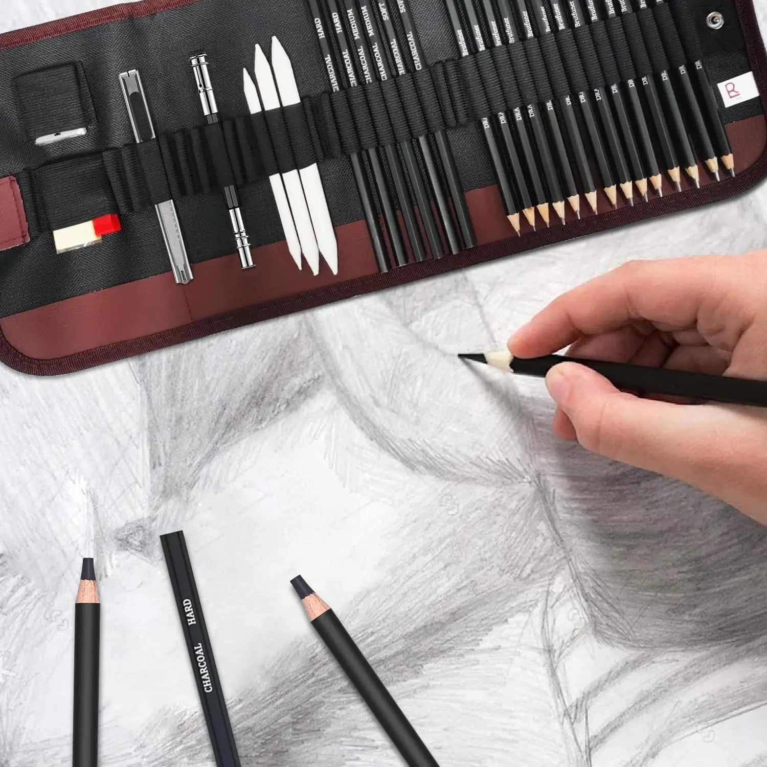 29Pcs Drawing Kit Sketching Pencils Set,Portable Pen Curtain-Charcoal Pencils, Sketch Pencils, Charcoal Stick,Sharpener,Eraser