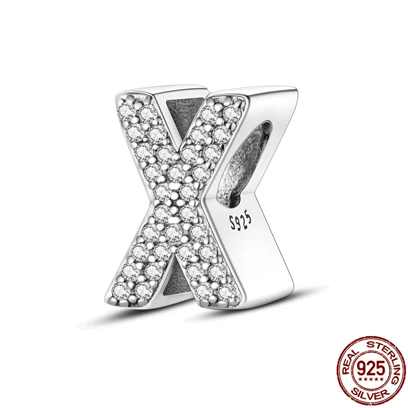 Original 925 Sterling Silver 26 Alphabet Letters Sparkling Zircon Charms Pendant Beads For Women Fine DIY Birthday Jewelry Gifts