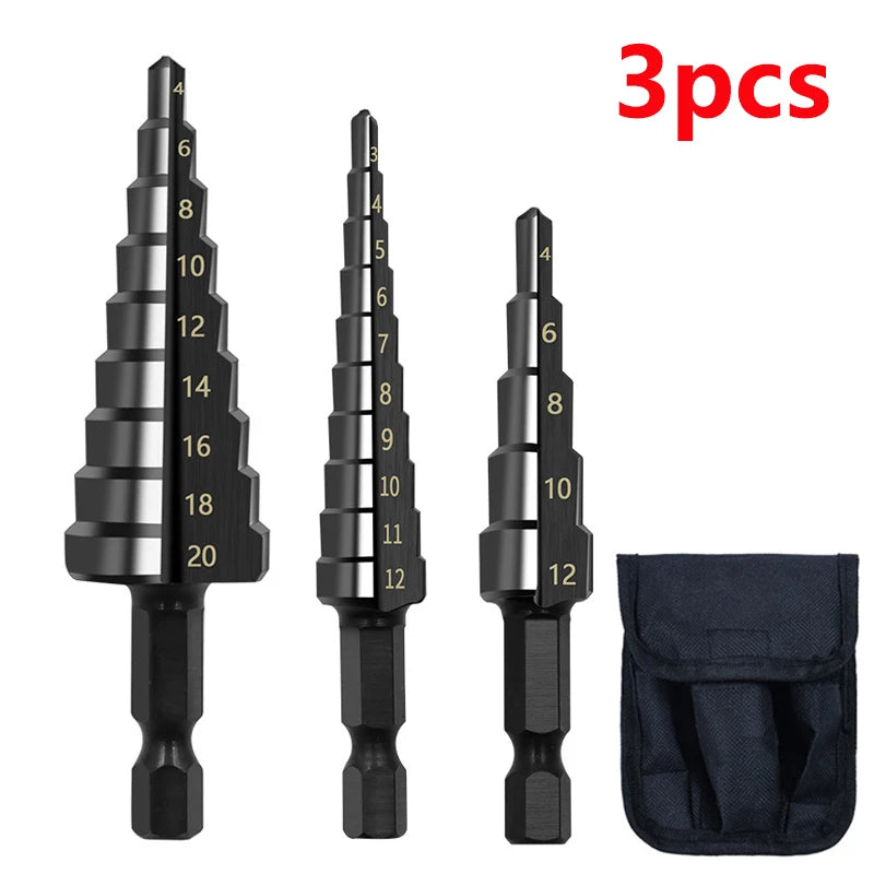 3pcs 3-12mm 4-12mm 4-20mm HSS Straight Groove Step Drill Bit Set Titanium Coated Wood Metal Hole Cutter Core Drill Bit Set