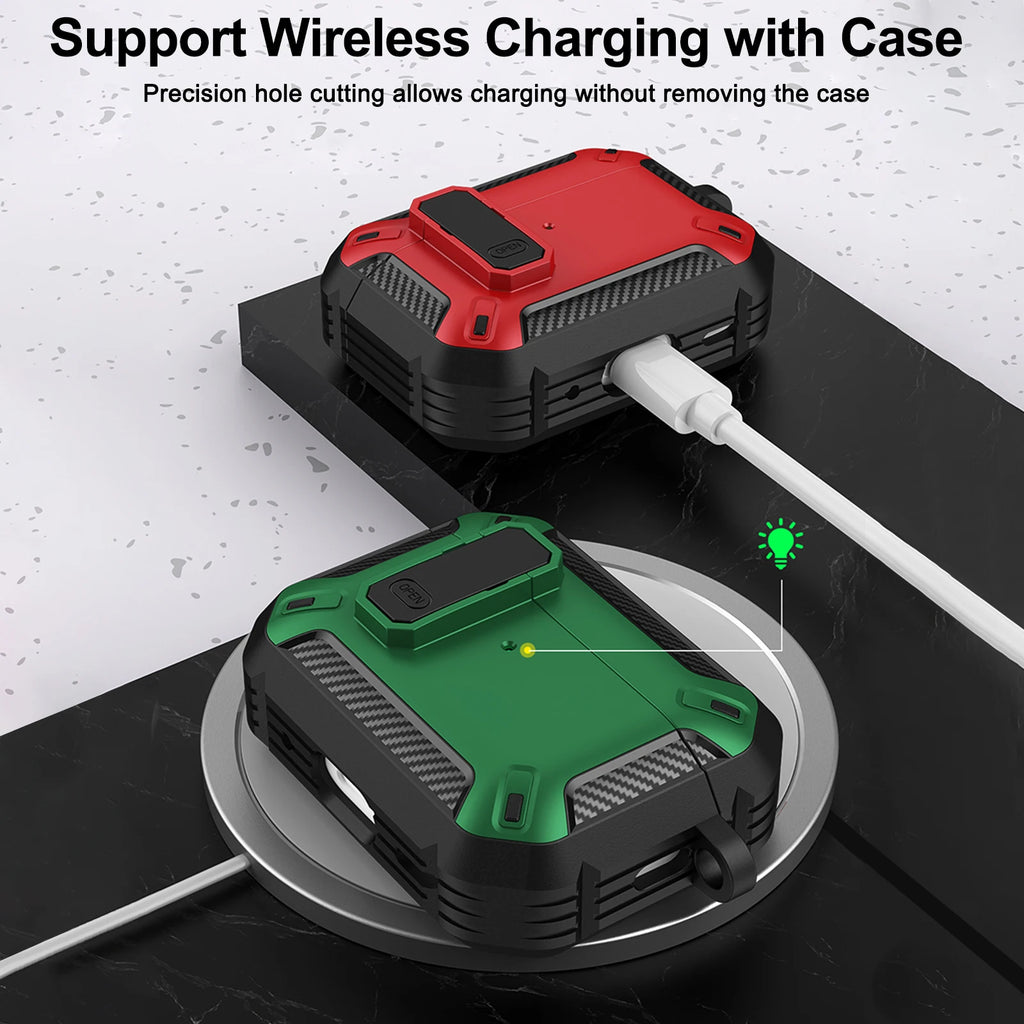 Portable Shockproof Case For Apple Airpods Pro/Pro 2 Carbon fibre Headset Cases With Carabiner Security Lock Cover Funda