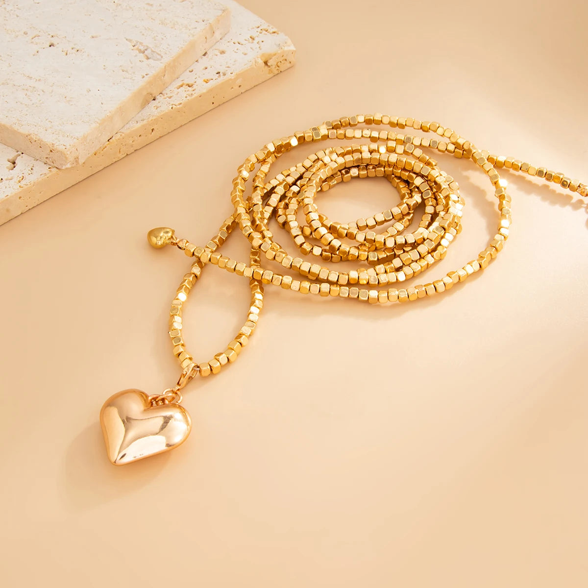 KunJoe Fashion Gold Color Love Heart Pendant Necklace Women Vintage Beaded Chain Long Necklace Sweater Chain Jewelry Accessories