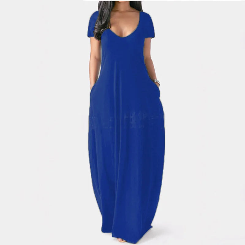 European and American summer cross-border foreign trade new plus size women's solid color dress sexy deep V short sleeved long s