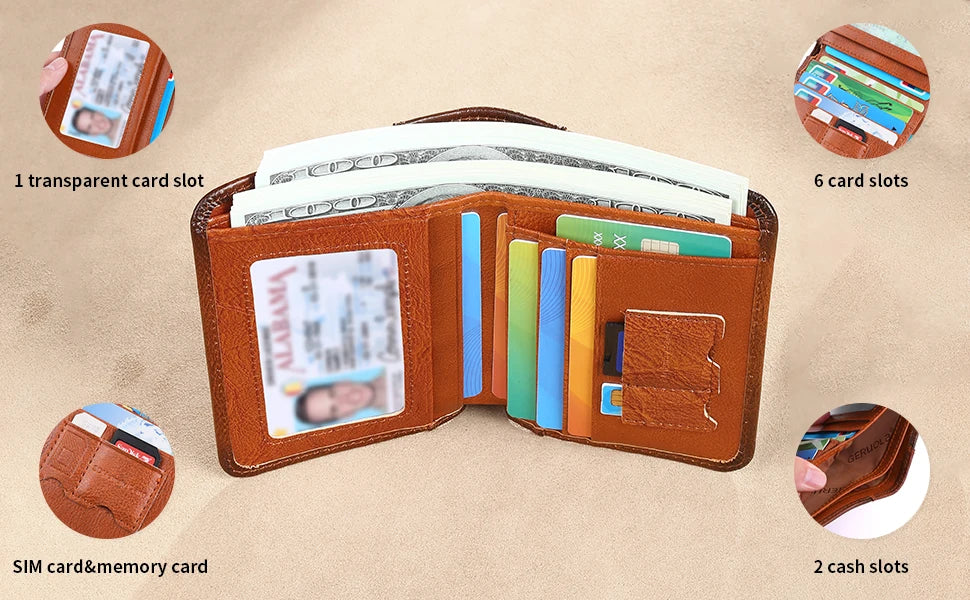 GERUOLA Slim RFID Shielded Genuine Leather Wallet for Men-Multifunctional ID & Credit Card Holder Dark Brown with Embellishments