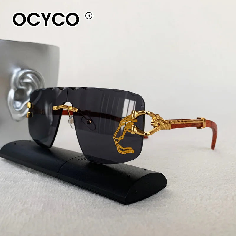 Trend Golden Lion Decoration Rimless Sunglass for Men Luxury Brand Designer Vintage Square Eyewear UV400 Outdoor Cycling Shades
