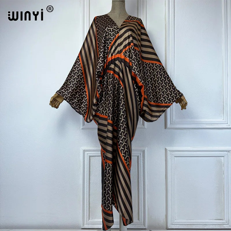 Sexy bech high-quality hand-rolled feel silk rayon fashion print 2021 WINYI Maxi women's robes long beach V-neck Bohemian dress