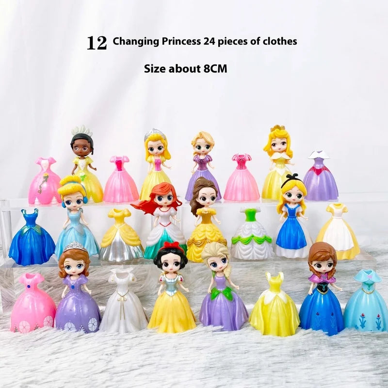24pcs Princess Cinderella Belle Alice Snow White Ariel Rapunzel Pvc Action Figures Interchangeable Clothes Toys Dolls Gifts
