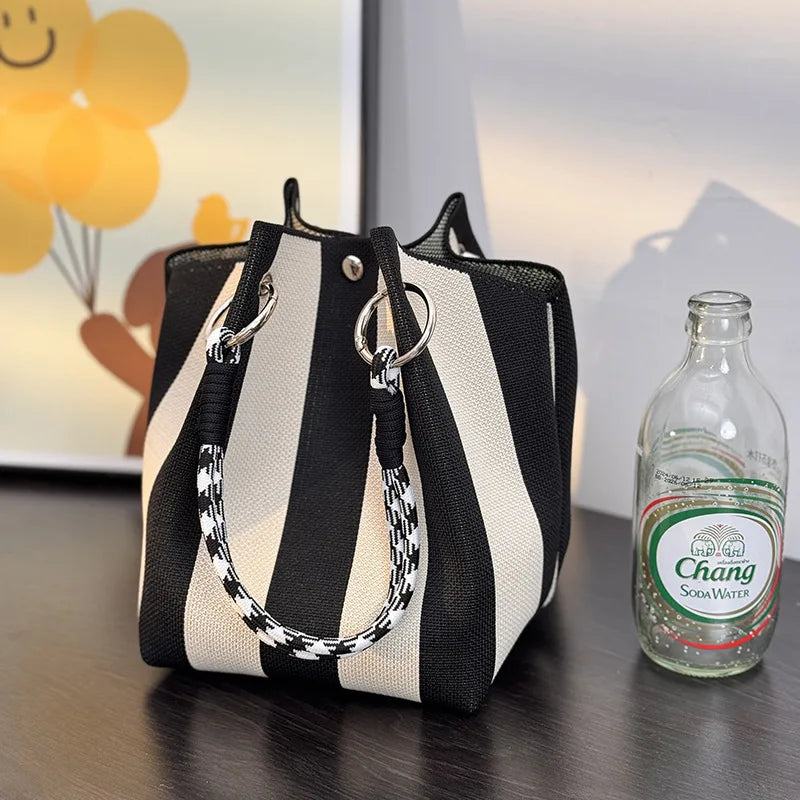 Color Block Handbag Lightweight Metal Ring Handbag Knit Tote Bag Spacious Polyester Storage Bag For Shopping Casual Travel