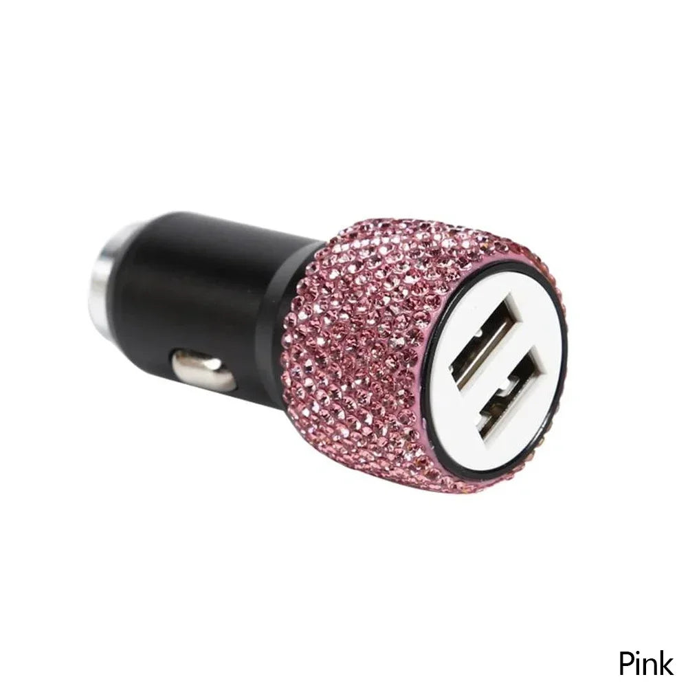 New Bling USB Car Charger 5V 2.1A Dual Port Fast Adapter Pink Car Decor Car Styling Diamond Car Accessories Interior for Woman