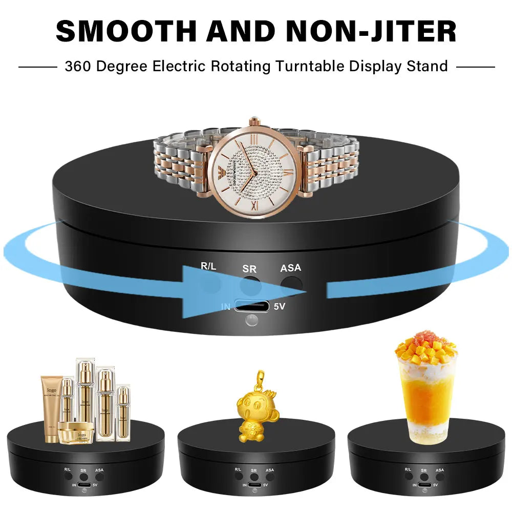 360-degree turntable,electric rotating mirror display stand,USB/battery dual power supply,rotating shooting,three-speed settings