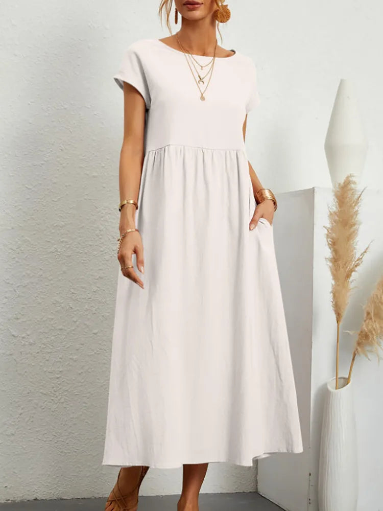 Women Vintage Solid Dress 2023 Summer Elegant O Neck Short Sleeve Cotton Linen Dresses Female Casual Loose Sundress Long Dress