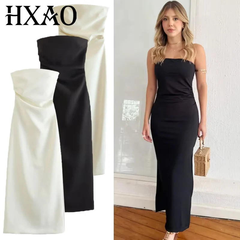 HXAO 2025 Womens Strapless Dresses Summer Off White Black White Dress Midi Ruffled Off Shoulder Backless Dress Prom Vestidos 066