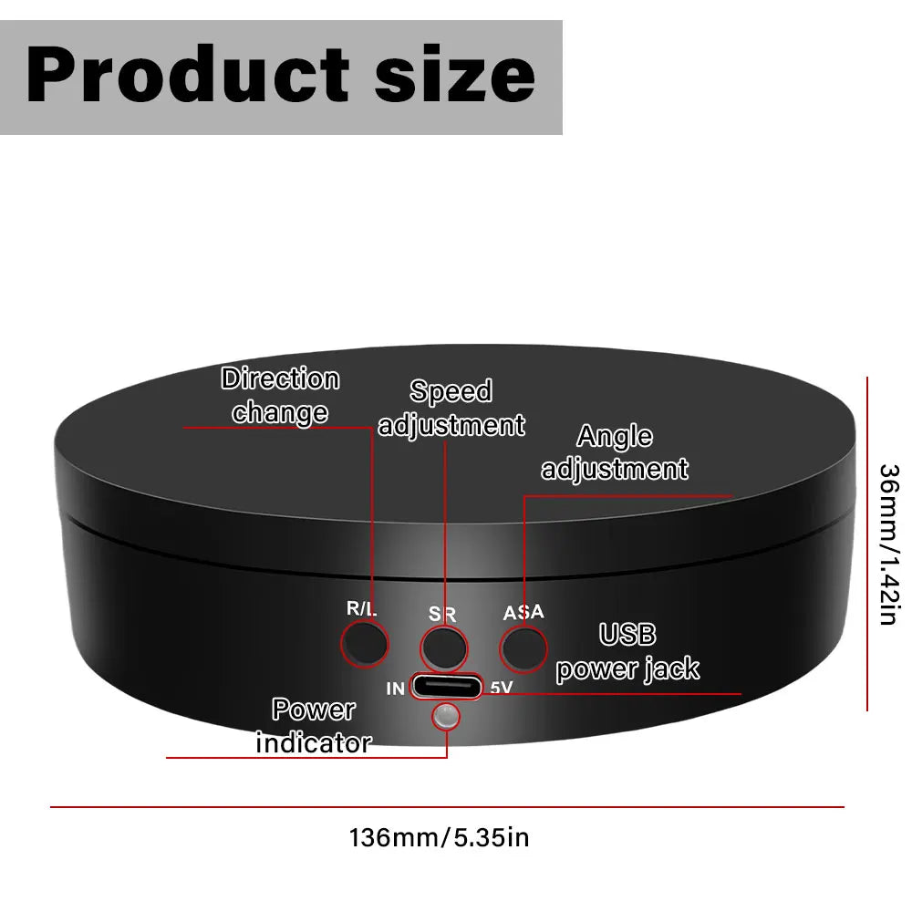 360-degree turntable,electric rotating mirror display stand,USB/battery dual power supply,rotating shooting,three-speed settings
