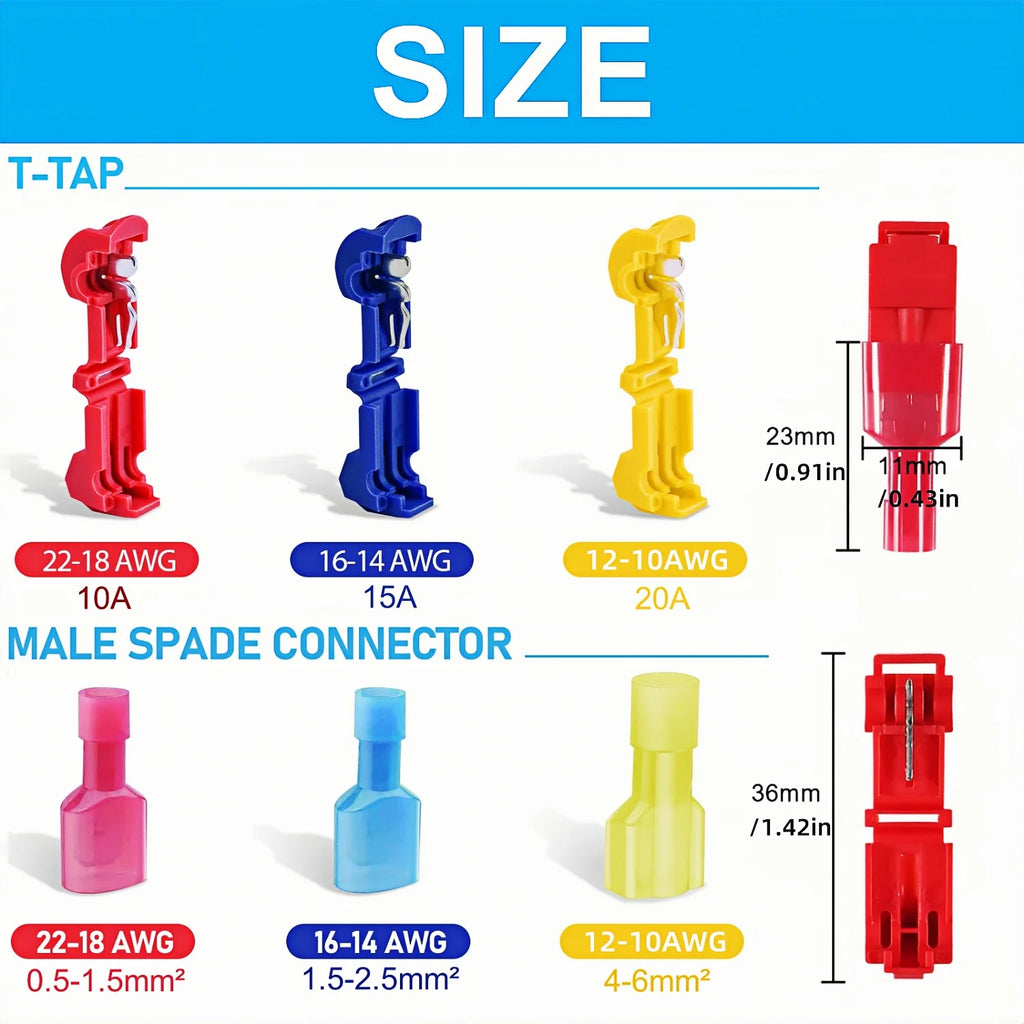 T Tap Wire Connectors, 60/50/40pcs Self-Stripping with Nylon Fully Insulated Male Quick Disconnect splice T Type Electrical Wire
