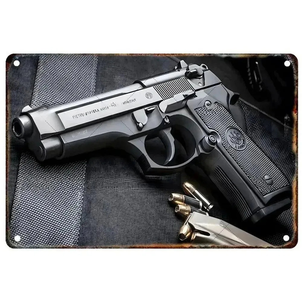 Cool Gun Poster Metal Tin Sign Man Cave Set 4 Vintage Firearm Wall Art Military Decor Bar Bedroom Garage