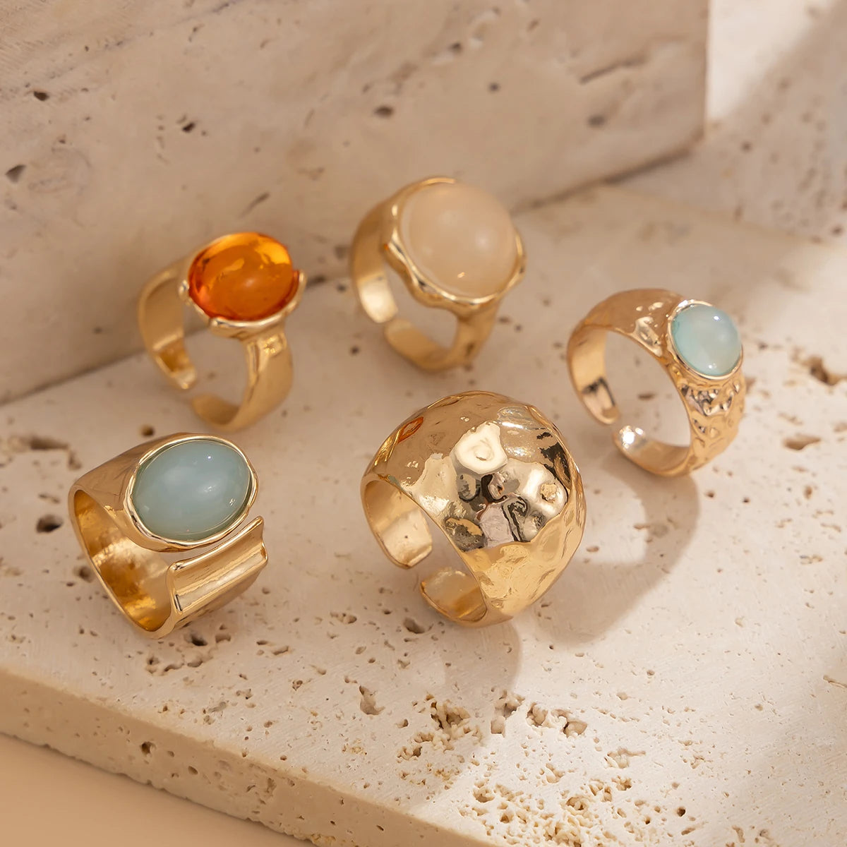 Ingemark 5Pcs/Set Retro Gold Color Irregular Metal Ring for Women Bohemian Open Adjustable Wide Ring Aesthetic Y2K Jewelry Gift