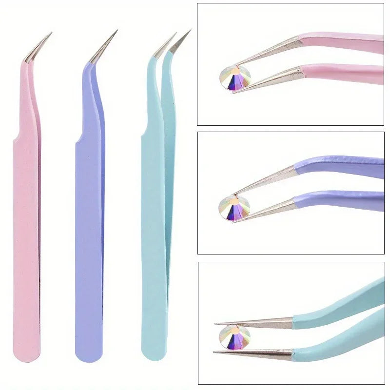 2Pcs set of manicure double-ended diamond pens with crayons stainless steel tweezers nail art grafting eyelashes manicure tools