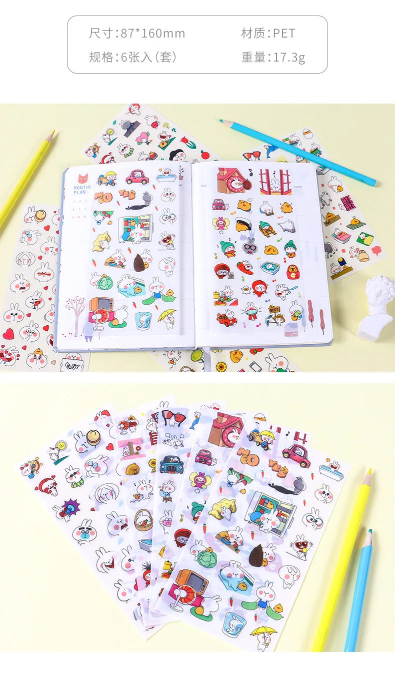 6Pieces/Set Transparent Pvc Waterproof Cartoon Sticker DIY Hand Account Decorative Stickers Kawaii Phone Cup Stickers