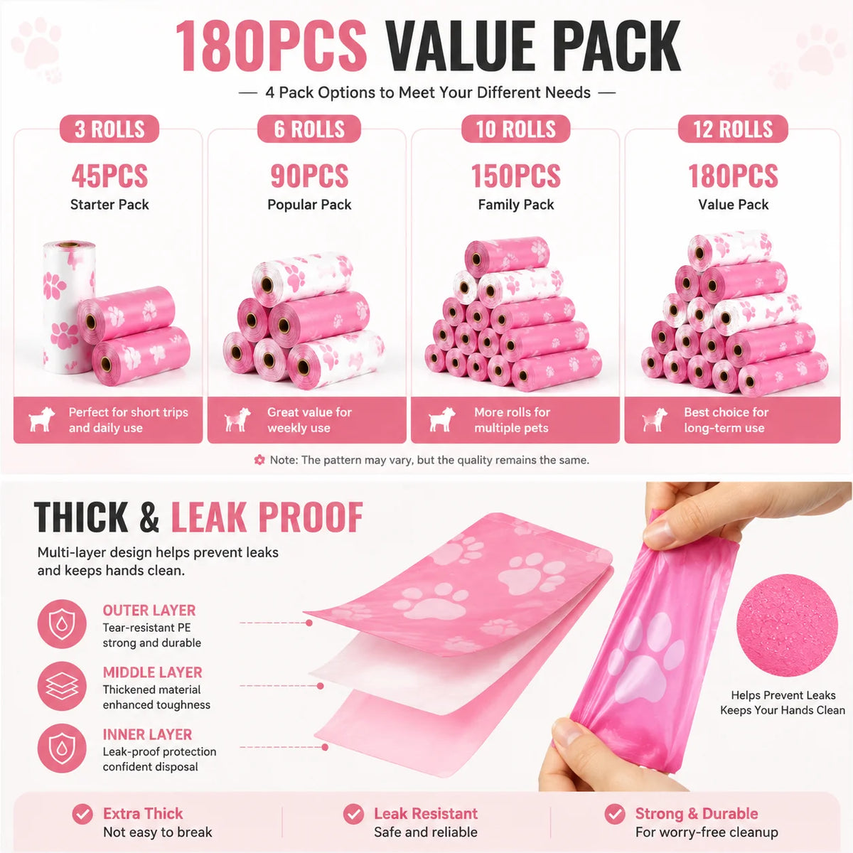 180PCS Dog Waste Bags Thick Leakproof Pet Poop Bags with Easy Carry Rolls for Dogs Cats Walking Outdoor Cleaning