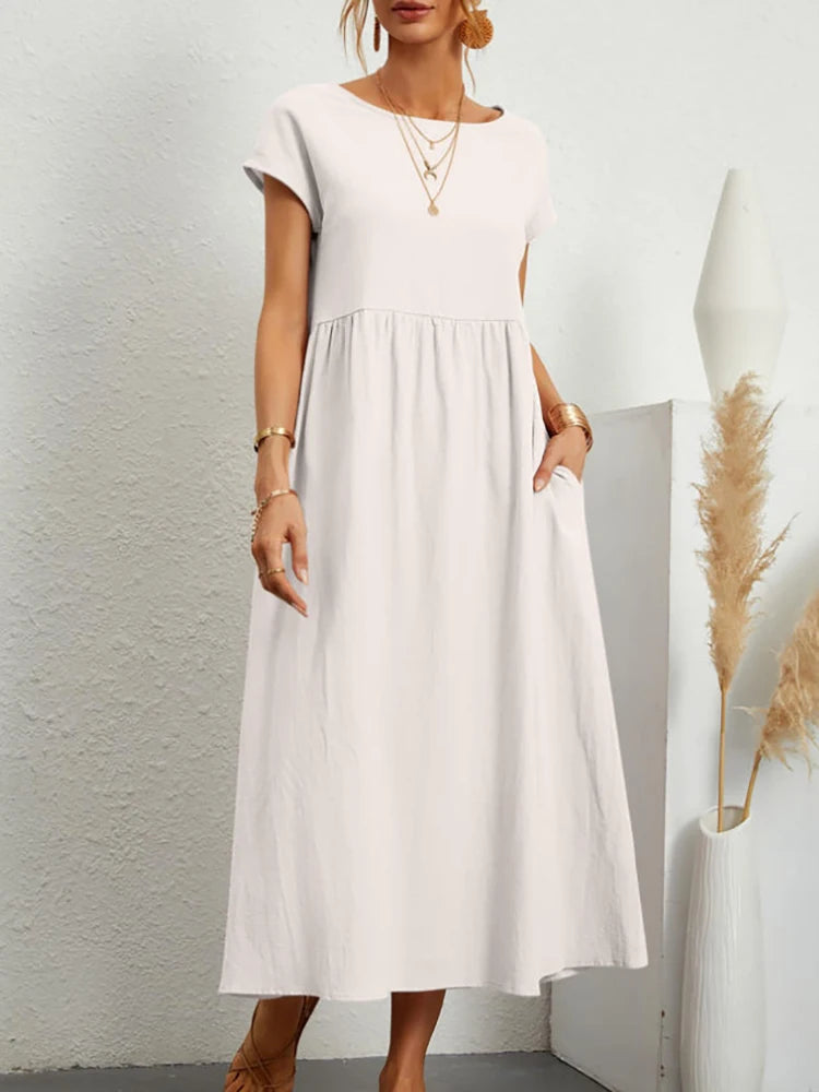 Vintage Solid Midi Dress Casual Short Sleeve Cotton and Linen Harajuku Oversized Long Dress Women Summer Y2K Maxi Sundress 2023